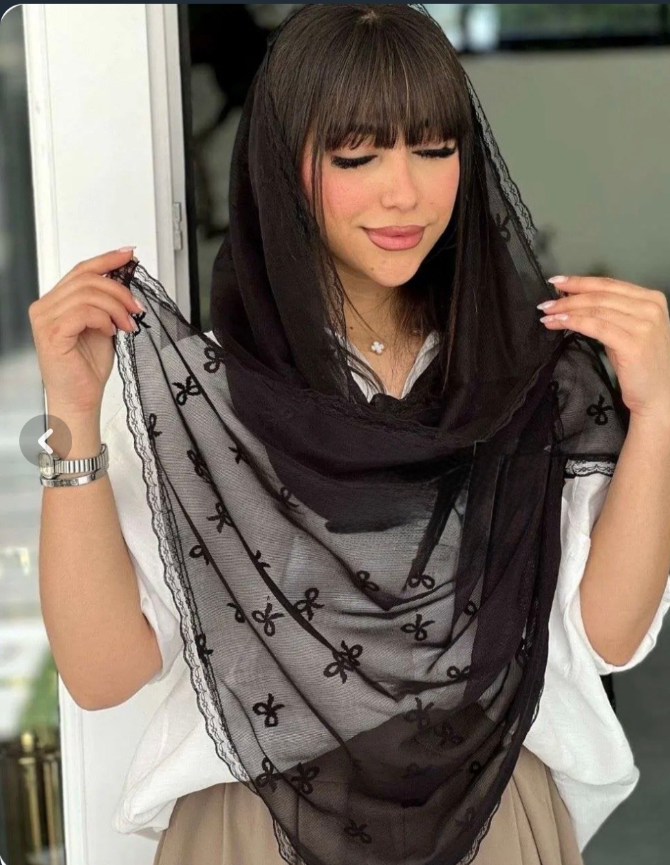 شال توری پاپیونی حاشیه دانتل مشکی