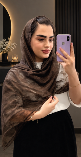 شال توری قهوهای پروانه دور دانتل